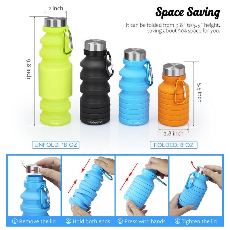 Nefeeko Collapsible Water Bottle, 18floz Reuseable BPA Free Silicone Foldable Water Bottles for Travel Gym Camping Hiking, Portable Leak Proof Sports Water Bottle with Carabiner - Image 2